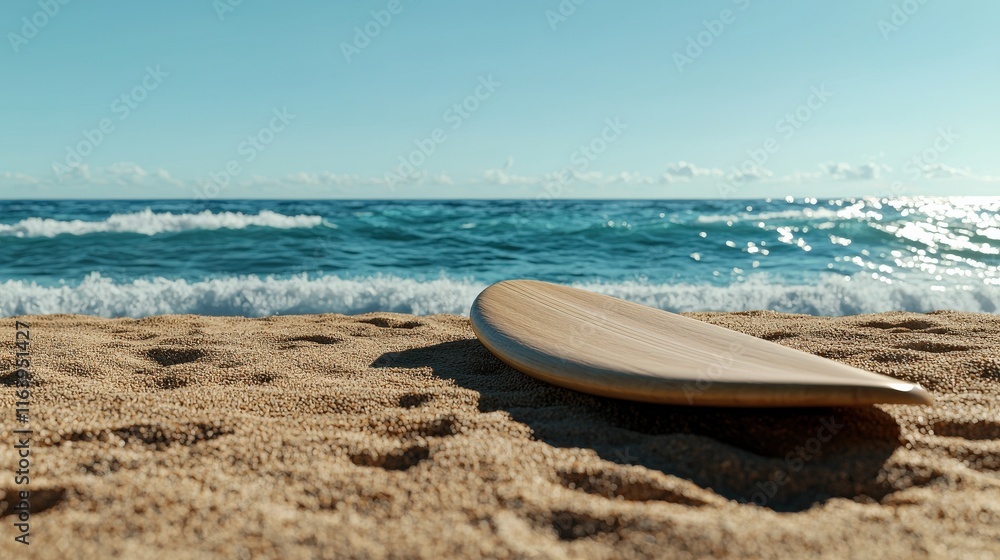 A surfboard resting on sandy shores with waves in the background A surfboard resting on sandy shores with waves in the background