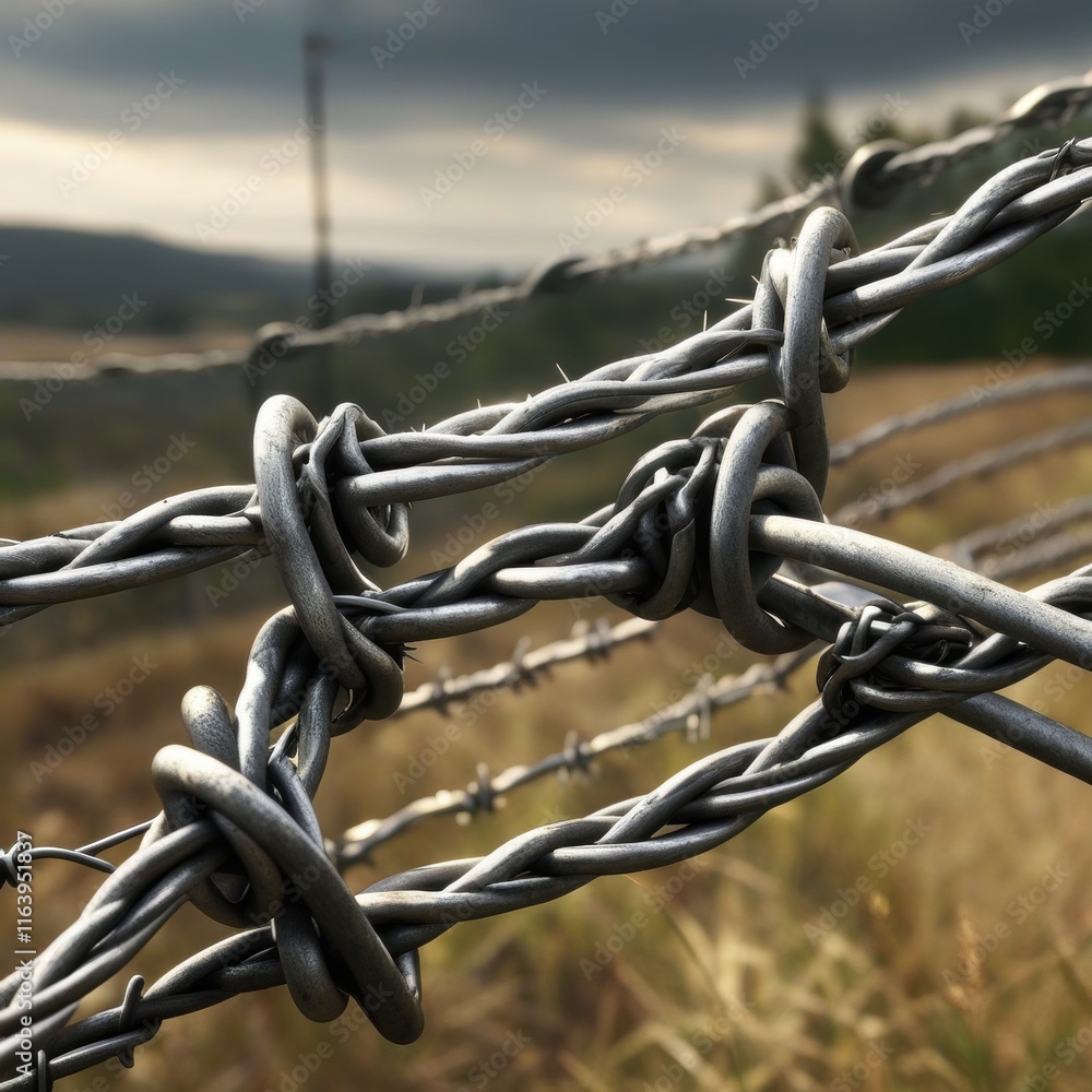 A close-up of barbed wire fence, highlighting its sharp points and intricate twists. A close-up of barbed wire fence, highlighting its sharp points and intricate twists.