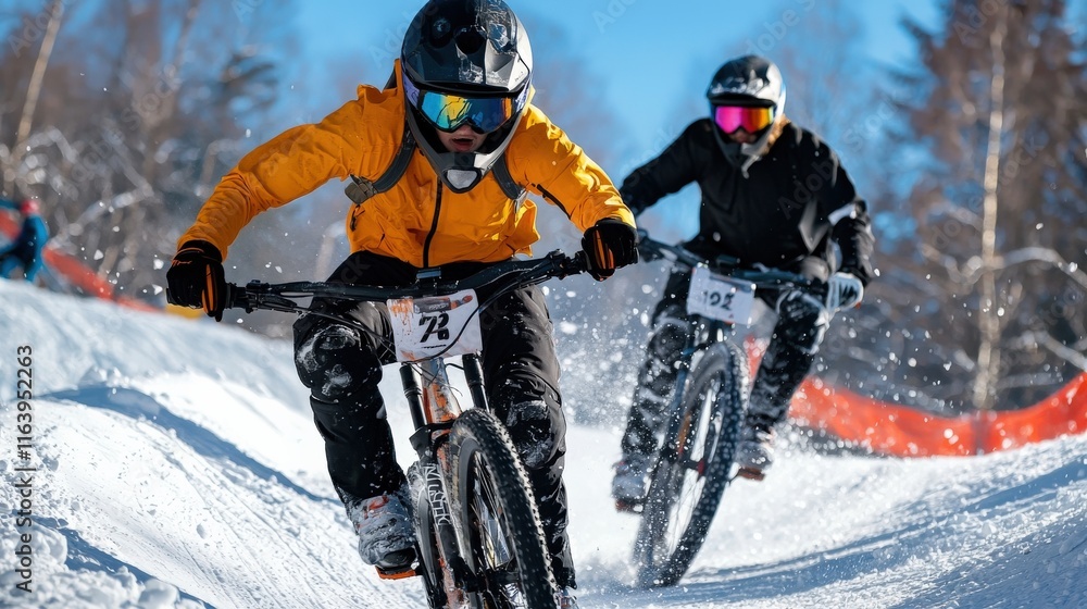 A thrilling snow bike competition with riders speeding along a frosty course A thrilling snow bike competition with riders speeding along a frosty course