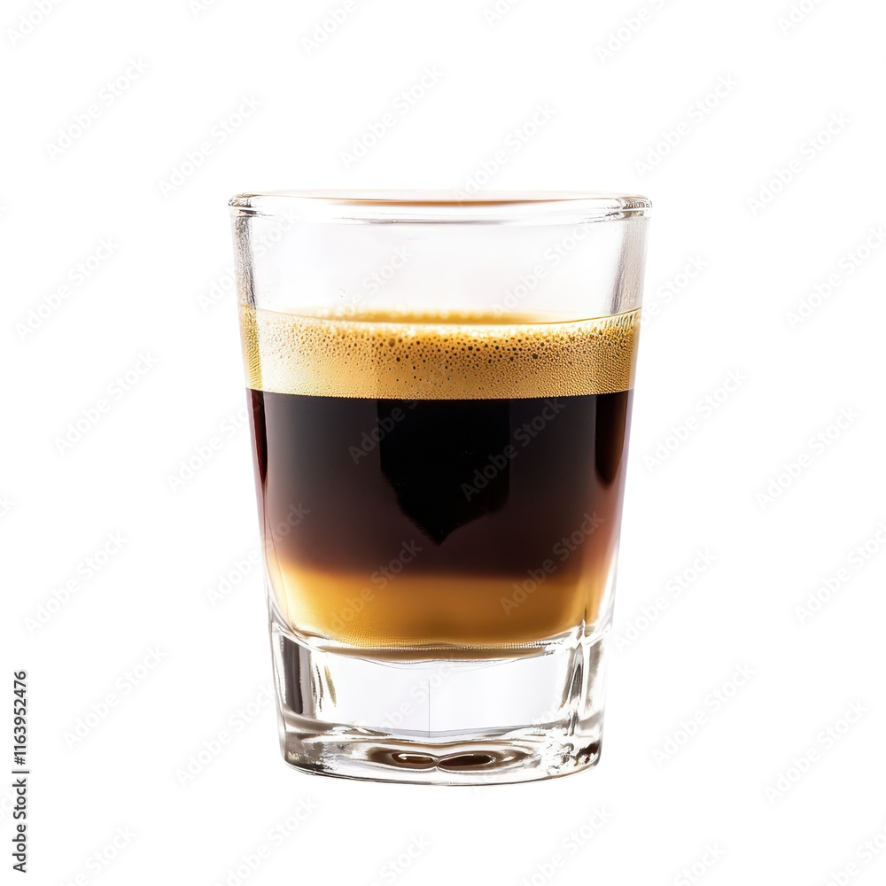A glass of espresso showcasing rich layers of coffee, topped with a creamy foam. A glass of espresso showcasing rich layers of coffee, topped with a creamy foam.