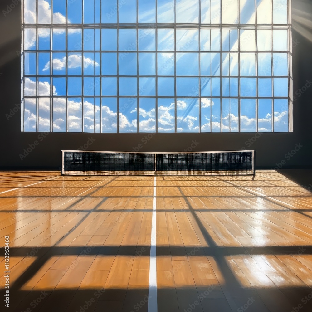 A tennis court with a net and a cloudy sky in the background A tennis court with a net and a cloudy sky in the background