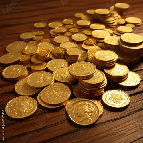 A vast treasure trove of glistening gold coins scattered across a wooden surface, creating a scene of wealth and abundance. photo
