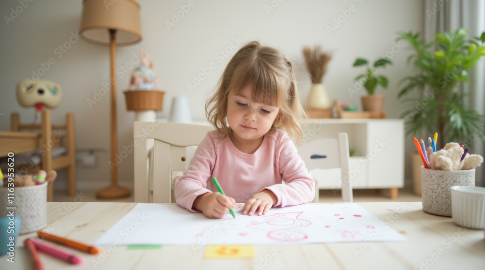 Young Artist with Crayon and Paper at Table Indoors Young Artist with Crayon and Paper at Table Indoors