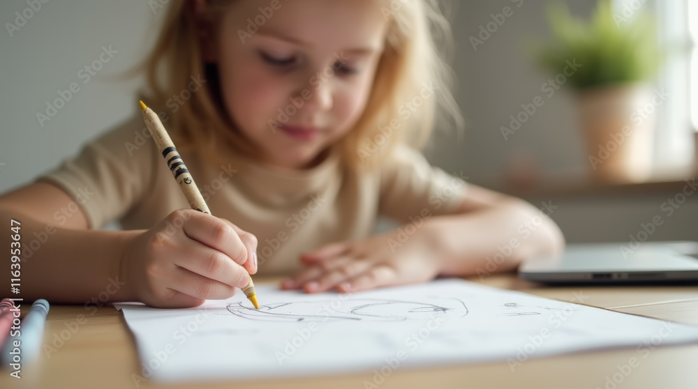 Young Girl Draws with Crayon on Paper at Table in Living Room Young Girl Draws with Crayon on Paper at Table in Living Room