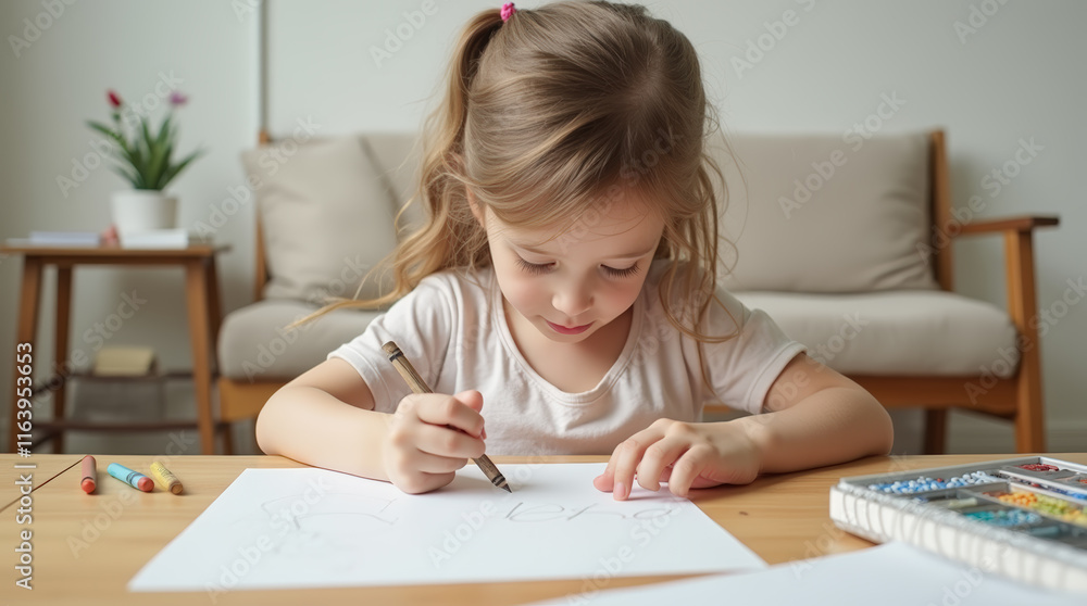 Little Girl Works on Drawing at Table in Minimalist Room Little Girl Works on Drawing at Table in Minimalist Room