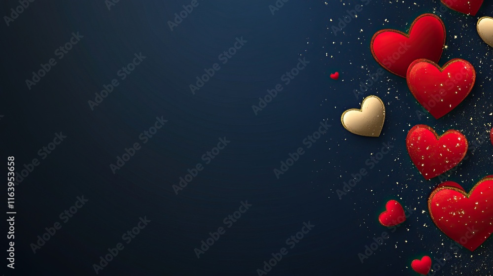 Obraz premium Dark blue background with golden hearts and red heart balloons, perfect for Valentine's Day celebration banner, poster, or greeting card template design