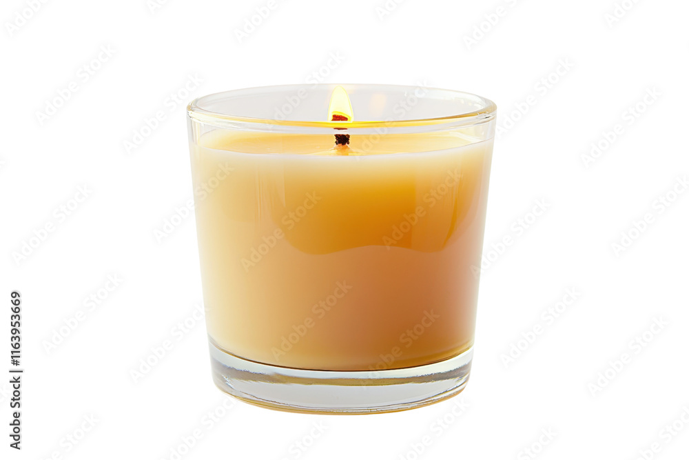 A simple, elegant candle in a clear glass holder, emitting a warm glow from its lit wick. A simple, elegant candle in a clear glass holder, emitting a warm glow from its lit wick.