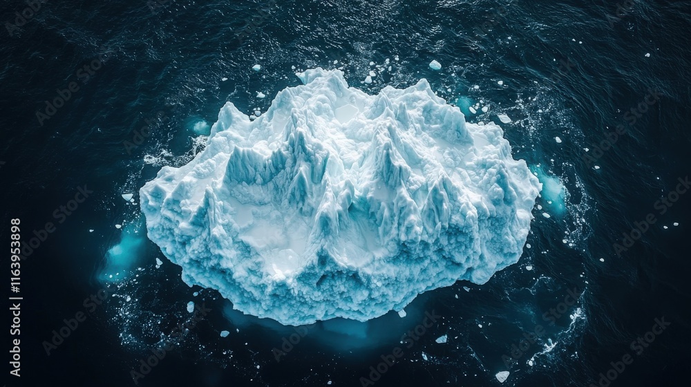 Obraz premium Floating iceberg with intricate ice formations contrasting against navy blue sea