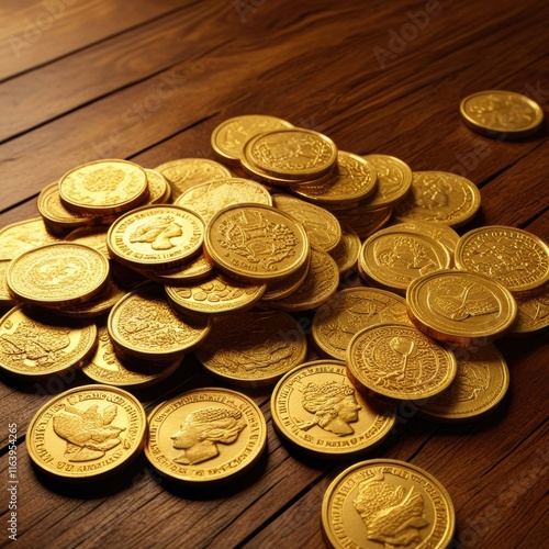 A vast treasure trove of glistening gold coins scattered across a wooden surface, creating a scene of wealth and abundance. photo