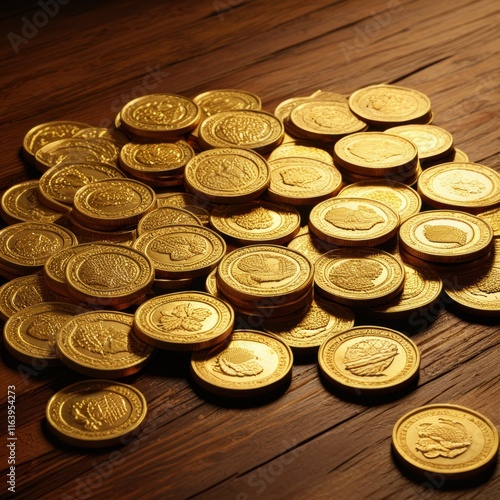 A vast treasure trove of glistening gold coins scattered across a wooden surface, creating a scene of wealth and abundance. photo