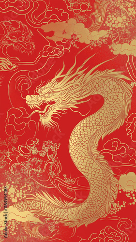 Golden Dragon on Red Background