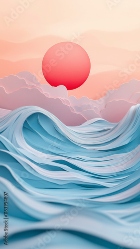 Stylized Sunset Over Layered Waves