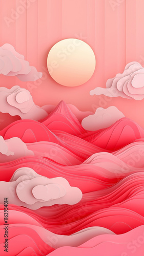 Stylized Pink Landscape with Waves and Clouds