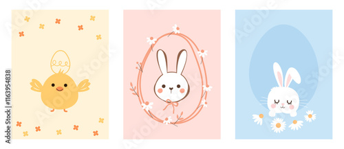 Set of Easter cards with chick, bunny rabbit and daisy flower on yellow, pink and blue backgrounds vector.