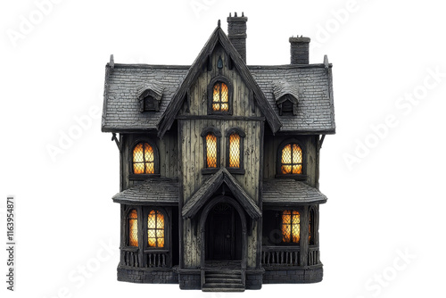 A dark, eerie house with illuminated windows, featuring intricate architectural details and a gothic design. photo