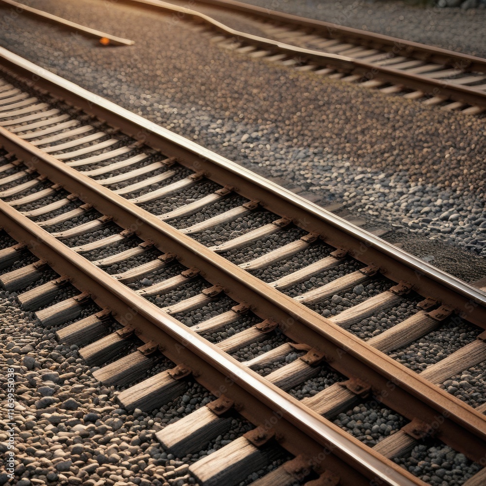 A pair of parallel train tracks stretching into the distance, with gravel ballast and wooden ties visible in the foreground. A pair of parallel train tracks stretching into the distance, with gravel ballast and wooden ties visible in the foreground.