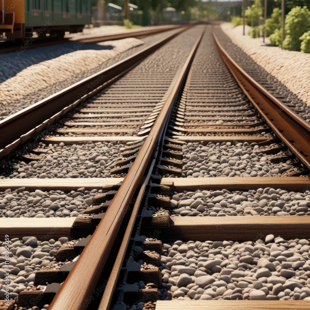 A pair of parallel train tracks stretching into the distance, with gravel ballast and wooden ties visible in the foreground.