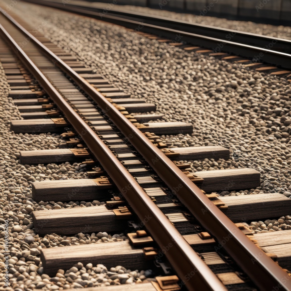 A pair of parallel train tracks stretching into the distance, with gravel ballast and wooden ties visible in the foreground. A pair of parallel train tracks stretching into the distance, with gravel ballast and wooden ties visible in the foreground.