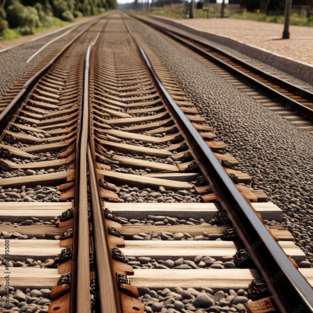 A pair of parallel train tracks stretching into the distance, with gravel ballast and wooden ties visible in the foreground. A pair of parallel train tracks stretching into the distance, with gravel ballast and wooden ties visible in the foreground.
