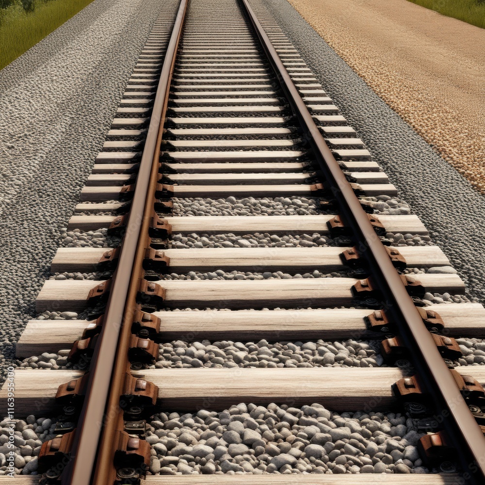 A pair of parallel train tracks stretching into the distance, with gravel ballast and wooden ties visible in the foreground. A pair of parallel train tracks stretching into the distance, with gravel ballast and wooden ties visible in the foreground.