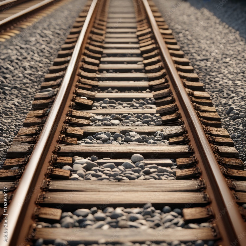 A pair of parallel train tracks stretching into the distance, with gravel ballast and wooden ties visible in the foreground. A pair of parallel train tracks stretching into the distance, with gravel ballast and wooden ties visible in the foreground.