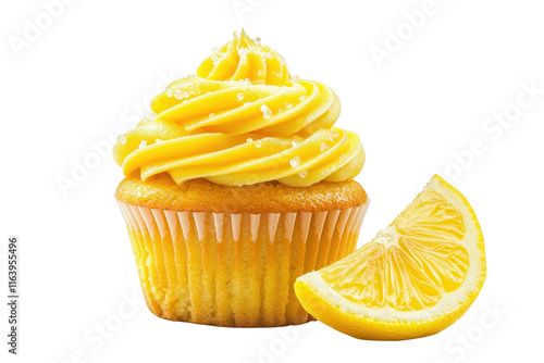 A delightful lemon cupcake topped with yellow frosting, accompanied by a fresh lemon slice. photo