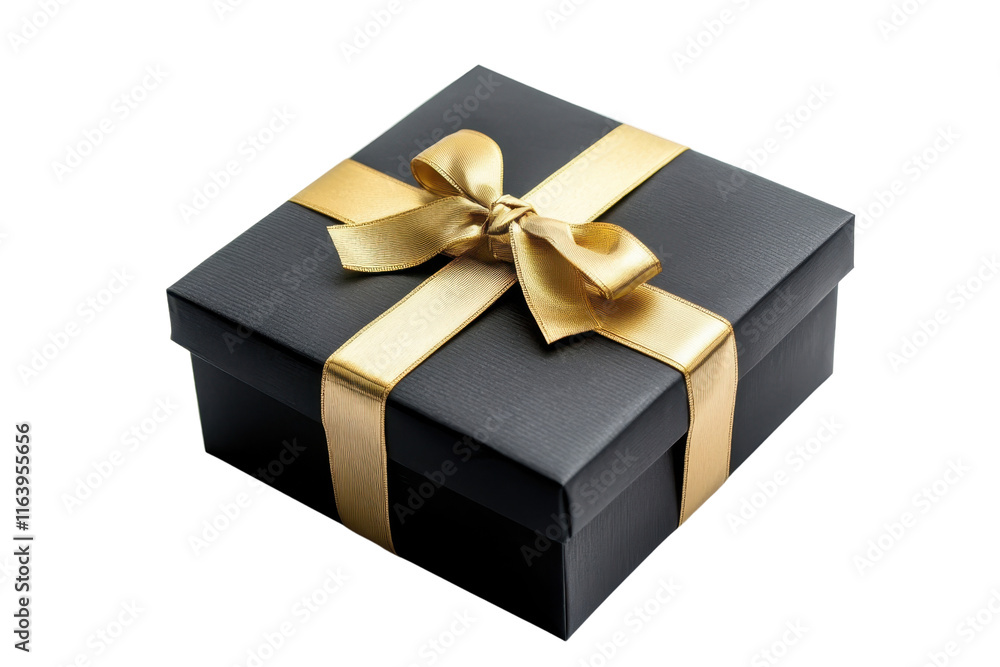 Obraz premium A black gift box adorned with a golden ribbon and bow, elegantly presented.