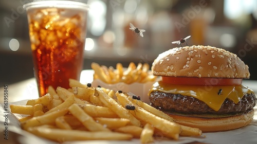 Cheeseburger, fries, soda, flies, unappetizing meal. photo