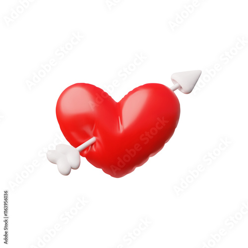 Vector 3D illustration of an inflatable red heart shape pierced by a white arrow.