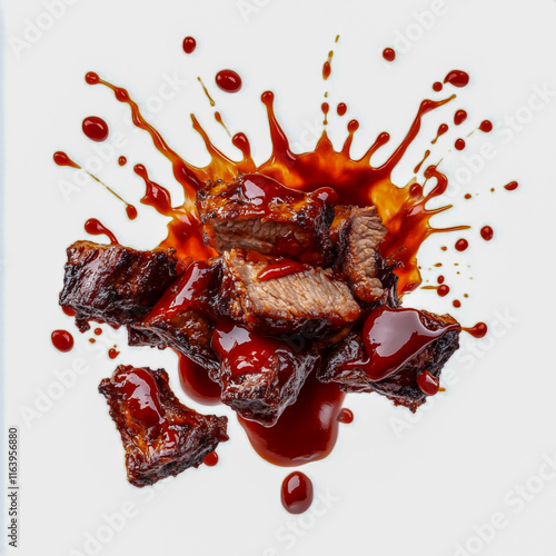 Juicy barbecue meat pieces plunging into rich tomato ketchup splash, isolated on white background, showcasing vibrant flavor and texture. photo