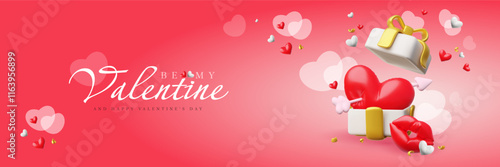 Happy Valentine's Day banner vector design, red lips, red and white hearts with arrow from inflated balloon in gift box