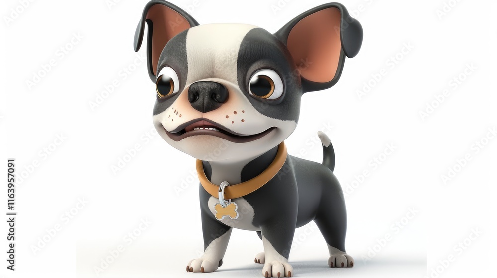 Cute 3D Cartoon Boston Terrier Dog with Red Collar Bell Isolated on White Background. Cute 3D Cartoon Boston Terrier Dog with Red Collar Bell Isolated on White Background.