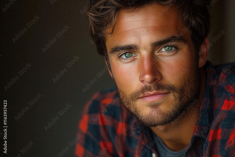 Fototapeta premium close-up portrait of a young man with striking green eyes, dressed in a plaid shirt. his engaging expression conveys warmth and confidence, set against a neutral background