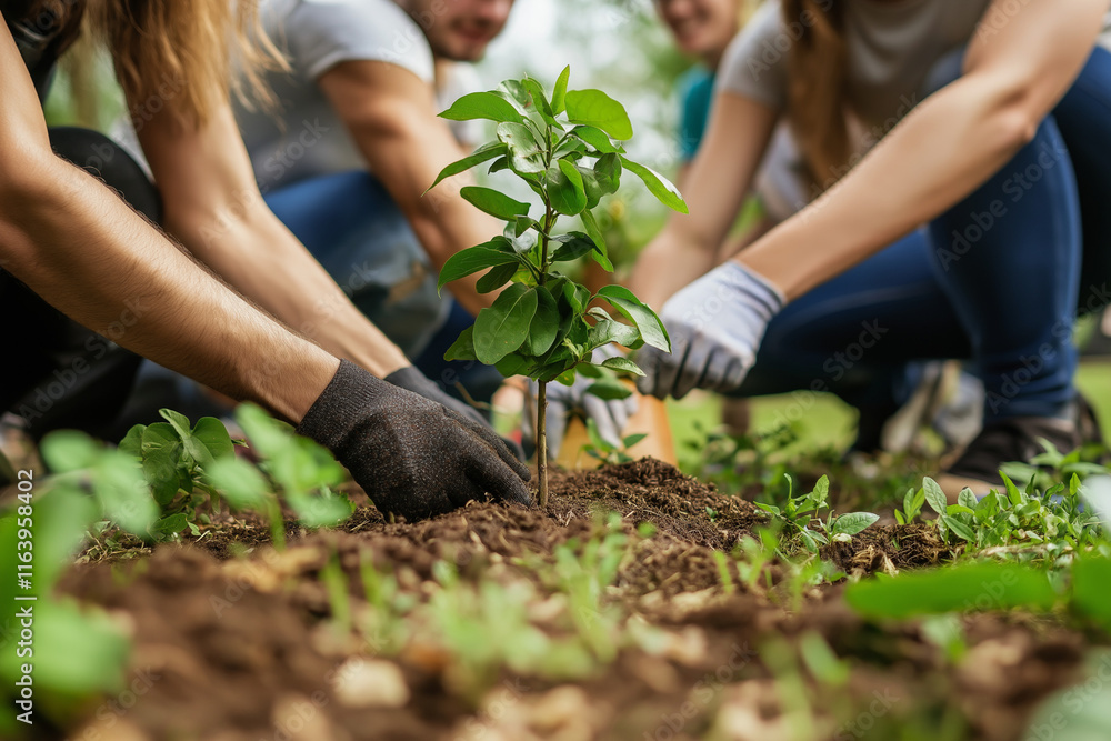 Fototapeta premium Gemeinsames Pflanzen eines Baumes als Zeichen von Gemeinschaft und Nachhaltigkeit