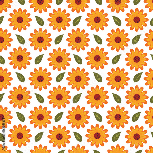 Seamless floral pattern with yellow flowers and green leaves on white background for fashion, textile, fabric, wallpaper and other prints. Flower vector pattern.