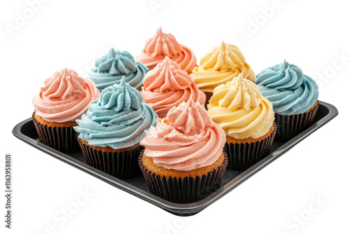 A delightful arrangement of colorful cupcakes topped with swirls of icing in shades of pink, blue, and yellow. photo