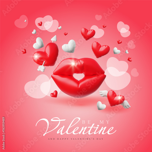 Valentine's Day 3D Poster Illustration with inflatable design, red lips and hearts.
