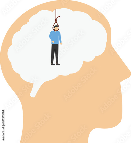 Human head with hangman's rope instead of brain. Thinking killing himself by hanging end end life. Modern flat vector illustration

