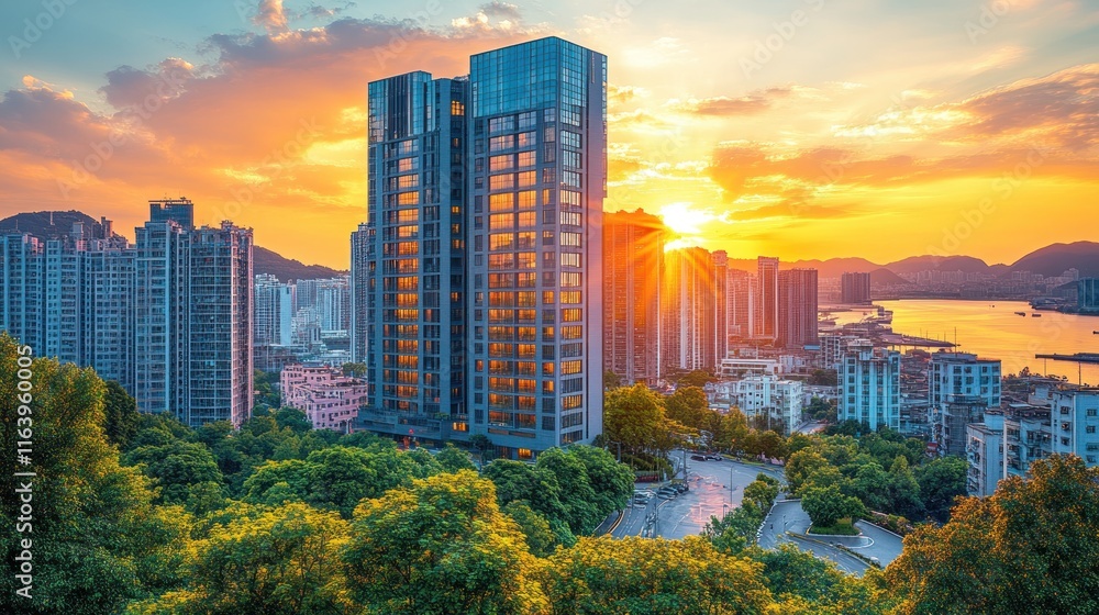 Obraz premium Vibrant sunset over modern cityscape with high-rise buildings and lush greenery.