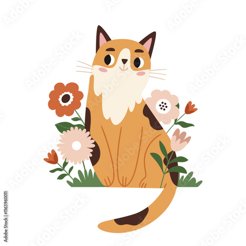 Cute red cat among flowers. Spring illustration. T shirt print, wall art, poster, postcard, banner design element.