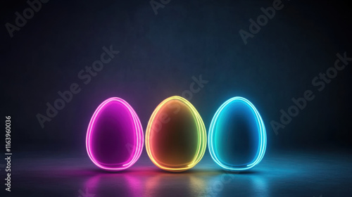 Custom decorated easter egg concept. Glowing neon eggs in pink, yellow, and blue on dark background