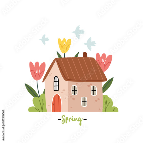 Cute spring house among tulip flowers. Spring card.Lovely, cartoon buildings illustrations in pastel gentle colors in a flat style.