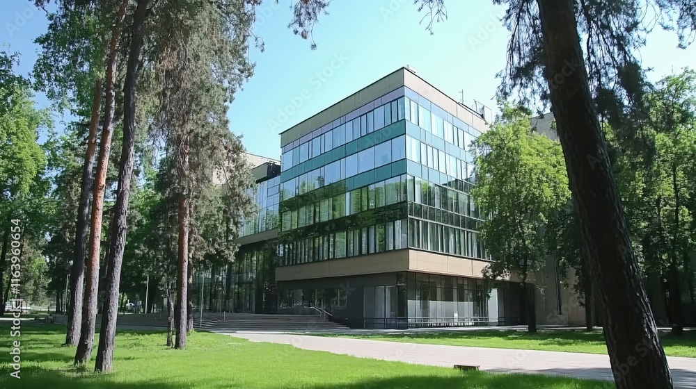 Modern Architectural Building Surrounded by Lush Green Trees in Clear Blue Sky Modern Architectural Building Surrounded by Lush Green Trees in Clear Blue Sky