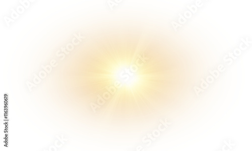 Yellow star flashed with sparkles sun isolated on white background. Soft glow without departing rays, sunlight with lens flare effect. PNG vector light effect.