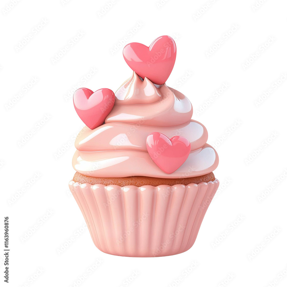 A delightful pink cupcake topped with swirls of frosting and adorned with small heart decorations. A delightful pink cupcake topped with swirls of frosting and adorned with small heart decorations.