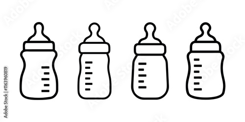 Feeding bottle icons,  baby symbol, milk bottle icon, Simple Black Line Art Illustrations of Baby Bottles, vector illustration.