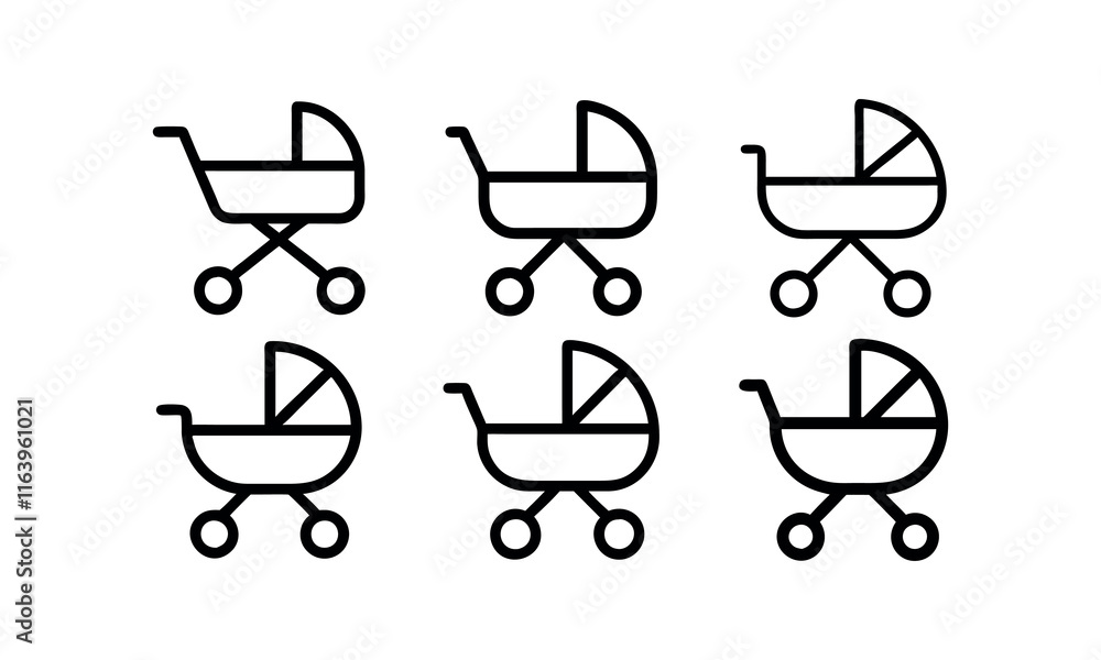 Simple Black Line Art Illustrations of Baby Strollers, baby strollers icon, simple and modern design. Baby carriage icon Art design illustration. Simple Black Line Art Illustrations of Baby Strollers, baby strollers icon, simple and modern design. Baby carriage icon Art design illustration.