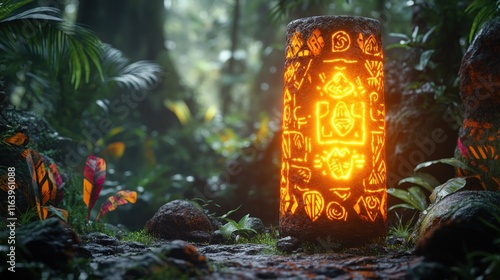 Fototapeta Naklejka Na Ścianę i Meble -  Glowing stone pillar, jungle setting, ancient symbols.