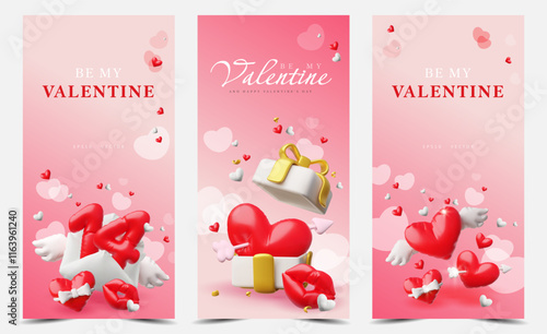 Happy Valentine's Day flyers design vector set, red and white hearts with wings, arrow and bow from inflated balloon