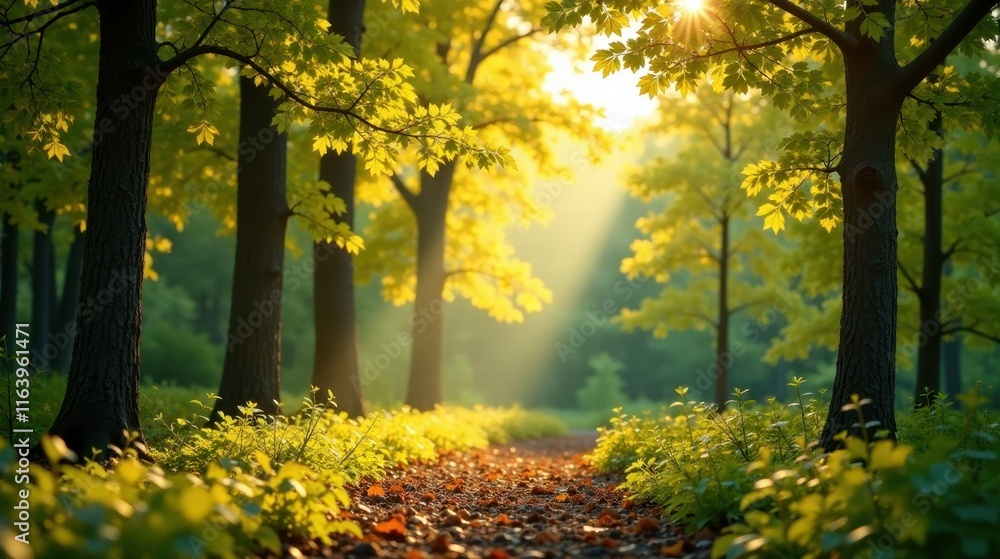 Obraz premium Serene Woodland Path Bathed in Golden Sunlight, Leafy Canopy Overhead, Tranquil Forest Scene